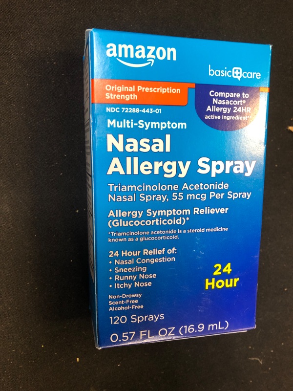 Photo 2 of Amazon Basic Care 24 Hour Allergy Nasal Spray, Triamcinolone Acetonide 55 mcg per spray, Allergy Medicine, Non-Drowsy, 0.57 Fluid Ounce 0.57 Fl Oz (Pack of 1) 10/2024