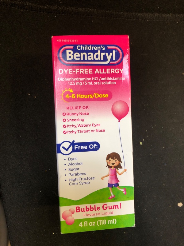 Photo 1 of Benadryl Children's Dye-Free Allergy Liquid, Diphenhydramine HCl, Bubble Gum, 4 fl. oz 2025/04