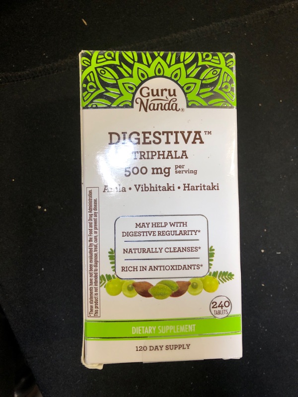 Photo 2 of GuruNanda Digestiva Triphala - Dietary Supplement with Amla, Haritaki & Bibhitaki to Promote Nutrient Absorption, Support Digestion & Help with Bloating & Constipation - 240 Vegan Tablets 07/2024