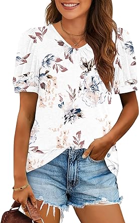 Photo 1 of AUSELILY Womens Summer Tops Puff Short Sleeve Shirts Casual V Neck Loose Tee T-Shirt (FLORAL PINK GREEN COLOR) SIZE XL
