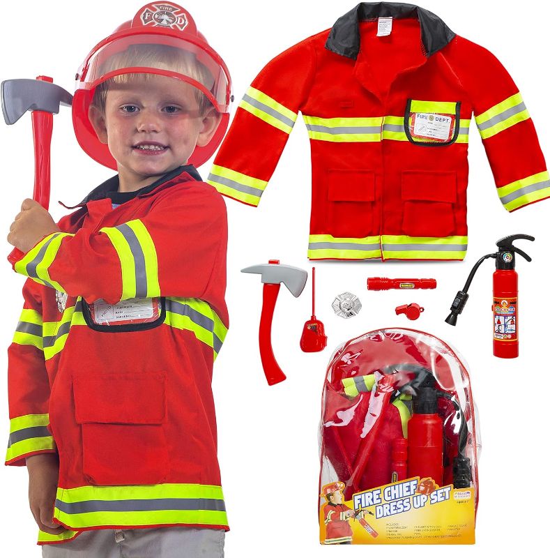 Photo 1 of Next Milestones Firefighter Costume for Boys and Girls 9 Pieces Pretend Play Set for Kids - Fireman Toys
