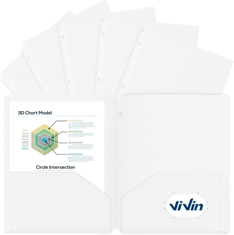 Photo 1 of ViVin Plastic Pocket Folder with 3 Holes Punched, 12 Pack, Two-Pocket File Folders, Fits Letter Size Sheets, for School and Office (White)
