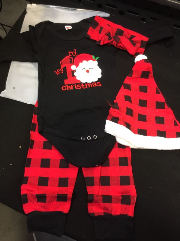 Photo 1 of Baby Boys OR Girls My 1st Christmas Outfits My First Christmas Letter Print Romper+Red Plaid Pants Set- SIZE 6-9M