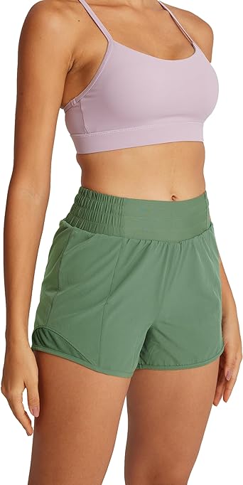 Photo 1 of QUEENIEKE Running Shorts for Womens, Elastic High Waisted Athletic Shorts for Women 2 Zippers Pockets Workout Shorts Green S