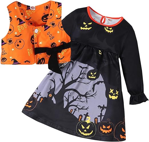 Photo 1 of Gakizon Toddler Baby Girl Halloween outfits long sleeves Tunnic dresses + Cardigan 2pcs halloween clothes