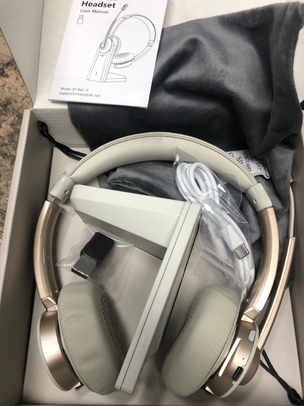 Photo 2 of Bluetooth Headset with Microphone, QCC Wireless Headphones with Mic Noise Cancelling & Mute/Charging Dock/Plug & Play USB Dongle, 26 Hrs On Ear Headphones for Phones/Laptop/PC/MS Teams/Zoom/Skype Gold Qualcomm V5.1