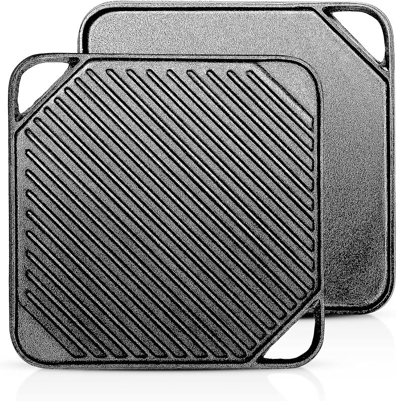 Photo 1 of 1-Piece 10.6 inch Cast Iron Griddle Plate | Reversible Square Cast Iron Grill Pan for Single burner| Double Sided Used on Open Fire & in Oven | Pre-Seasoned |Versatile Baking Cast Iron Grill
