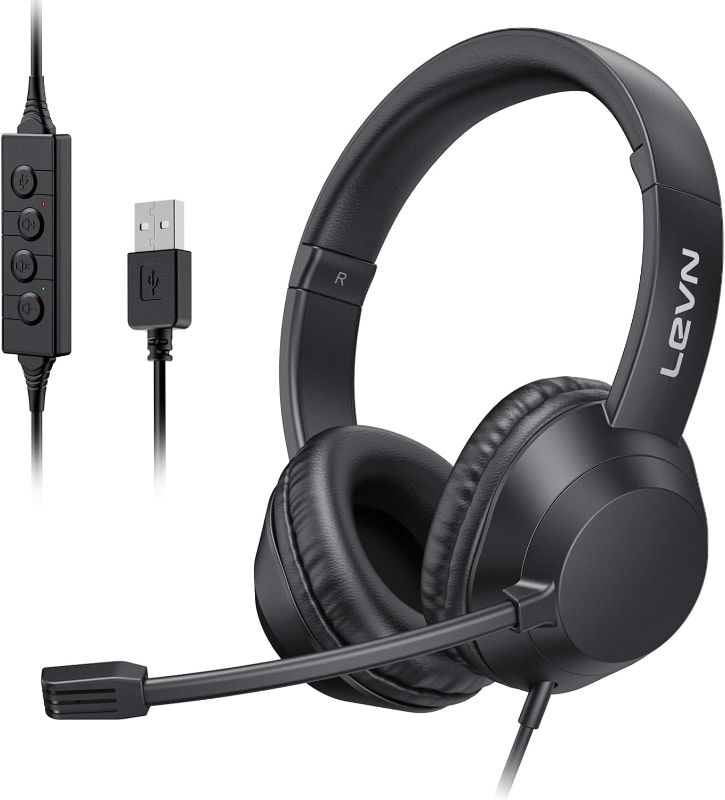 Photo 1 of LEVN Headset with Mic, USB Headset with Microphone, Computer Headset with Noise Cancelling Microphone for Laptop PC, Mute in-line Controls, Wired Headset for Work from Home/Open Office/Call Center
