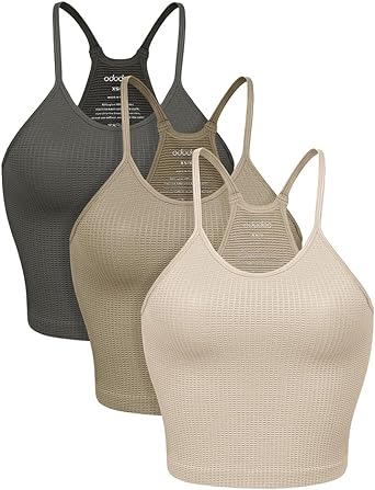 Photo 1 of ODODOS Women's Crop 3-Pack Washed Seamless Rib-Knit Camisole Crop Tank Tops xl