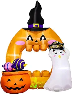 Photo 1 of 5 Feet Halloween Inflatable Pumpkin Outdoor Decoration with LED Lights, Blow up Halloween Ghost Hollowed Out Archway Pumpkin Inflatable Decor for Indoor Outdoor Yard Halloween Party Photo Spot