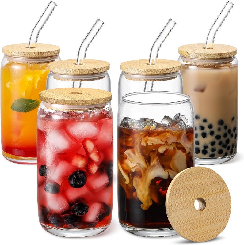 Photo 1 of [ 6pcs Set ] Glass Cups with Bamboo Lids and Glass Straw - Beer Can Shaped Drinking Glasses, 16 oz Iced Coffee Glasses, Cute Tumbler Cup for Smoothie, Boba Tea, Whiskey, Water - 2 Cleaning Brushes