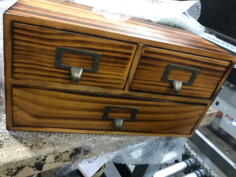 Photo 2 of 3-Drawer Charred Ebony Wood Desktop Cabinet - Classic Brown Desktop Chest Drawer Unit - Vintage Solid Wood Storage Drawers for Table - Office Study Table Organizer Cabinet - Card Catalog Drawers…