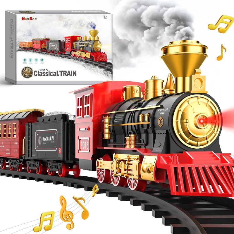 Photo 1 of Hot Bee Train Set - Train Toys for Boys Girls w/Smokes, Lights & Sound, Tracks, Toy Train w/Steam Locomotive Engine, Cargo Cars & Tracks, Christmas Train Toys Gifts for 3 4 5 6 7 8+ Year Old Kids
