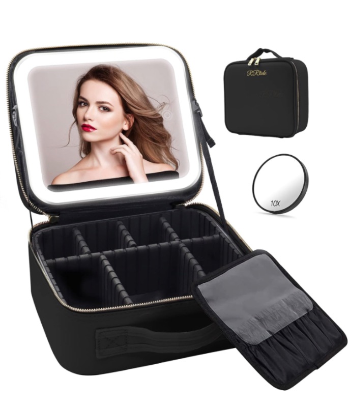 Photo 1 of RRtide Travel Makeup Bag with Mirror of LED Lighted, Makeup Train Case with Adjustable Dividers, Makeup Case with Mirror and Detachable 10x Magnifying Mirror