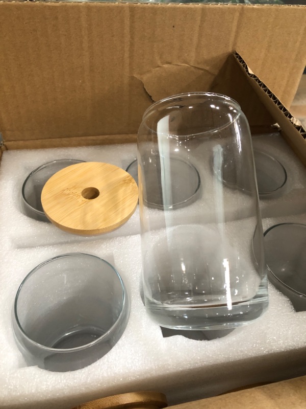 Photo 1 of [ 6pcs Set ] Glass Cups with Bamboo Lids and Glass Straw - Beer Can Shaped Drinking Glasses, 16 oz Iced Coffee Glasses, Cute Tumbler Cup for Smoothie, Boba Tea, Whiskey, Water - 2 Cleaning Brushes