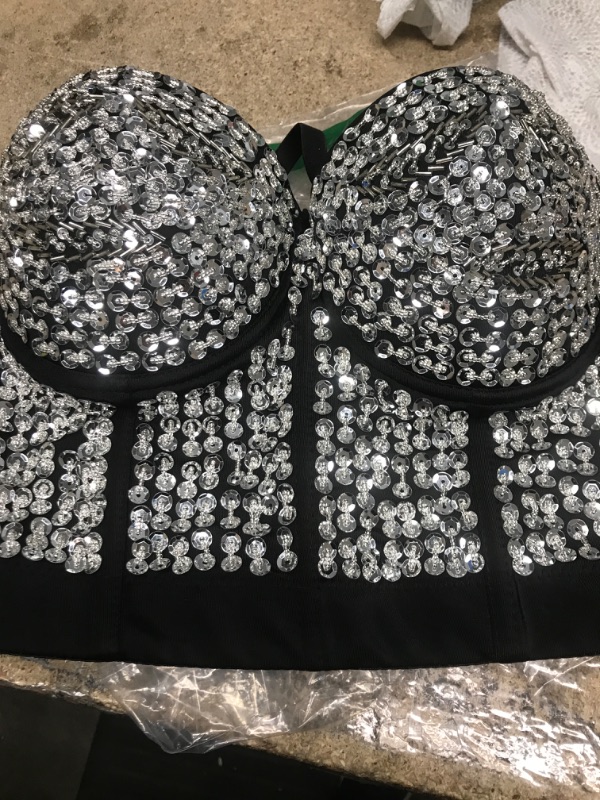 Photo 2 of Charmian Women's Burlesque Fashion Beaded Sequins Push Up Crop Top Bustier Bra XL 