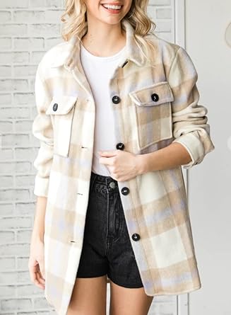 Photo 1 of  Women's Flannel Plaid Shacket Long Sleeve Button Down Shirts Jacket Coats with Side Pockets
