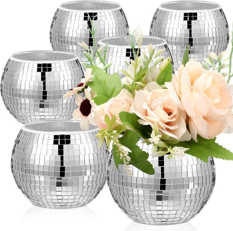 Photo 2 of 6 Pieces Disco Ball Flower Vase Mirror Disco Ball Glass Vase Disco Ball Planter Candle Holder Glass Vase Bulk for Wedding Centerpieces Bedroom Kitchen Office Decoration Birthday (Silver,3 x 4 Inch)