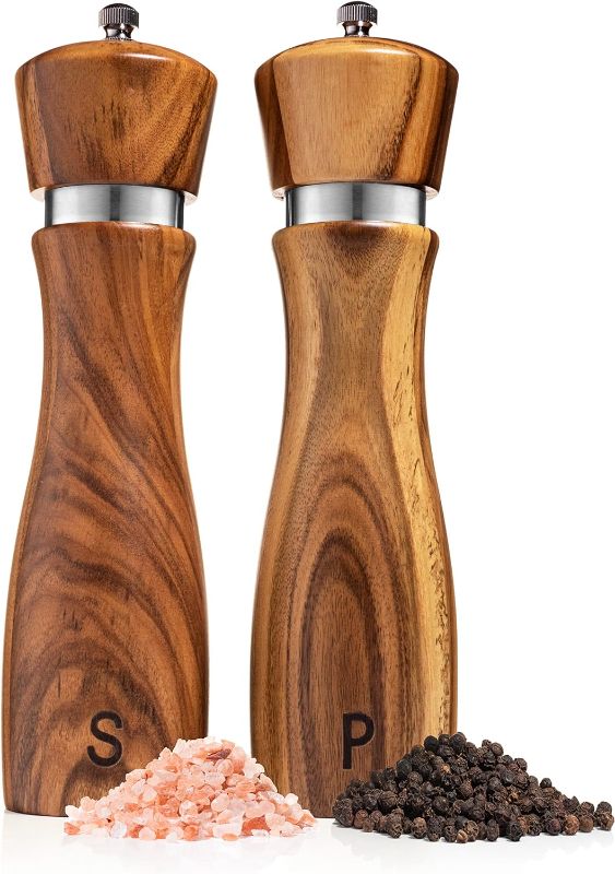 Photo 1 of  Kitchen Wooden Salt and Pepper Grinder Set: Refillable Salt & Pepper Mills Adjust for Customized Coarseness, Crafted of Solid Acacia Wood with Ceramic/Stainless Steel Core, 8 Inches Each