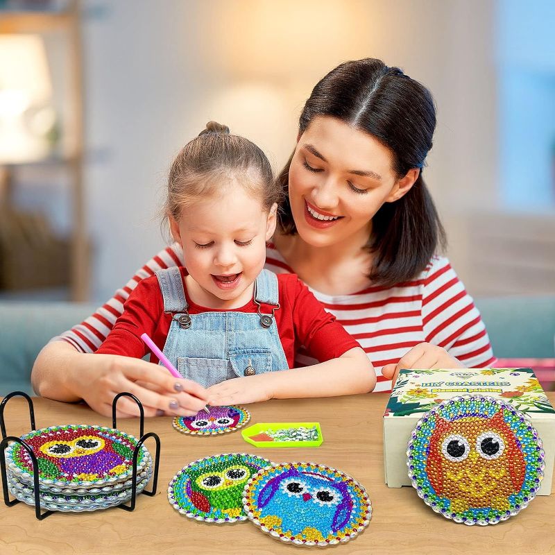 Photo 1 of  6 PCS Diamond Painting Coasters, Owl Diamond Art Coasters Kits with Holder, DIY Diamond Painting Kits for Adults and Kids