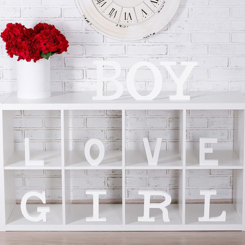 Photo 1 of (SEE NOTES)  FairySandy 7 Pieces Wooden Letter Signs Boy Girl Letters Table Sign Decors Freestanding Wooden Letters White Decorative Word Signs for Gender Reveal Baby Shower Party Home Supplies
