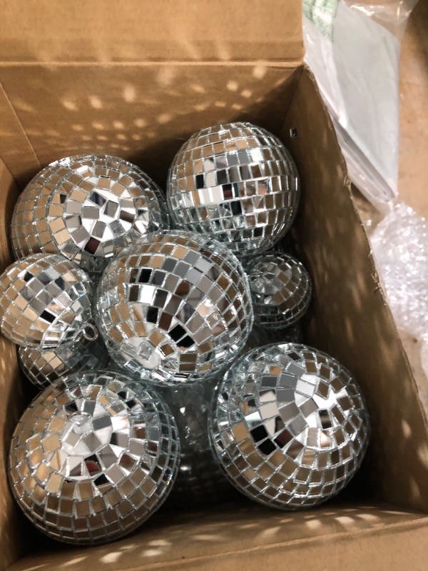 Photo 2 of 20 Pcs Hanging Mirror Disco Ball Ornaments Glass Disco Balls Decoration Different Sizes 70s Reflective Mini Disco Ball Decor with Rope (6 Inch, 4 Inch, 3. 2 Inch, 2 Inch)