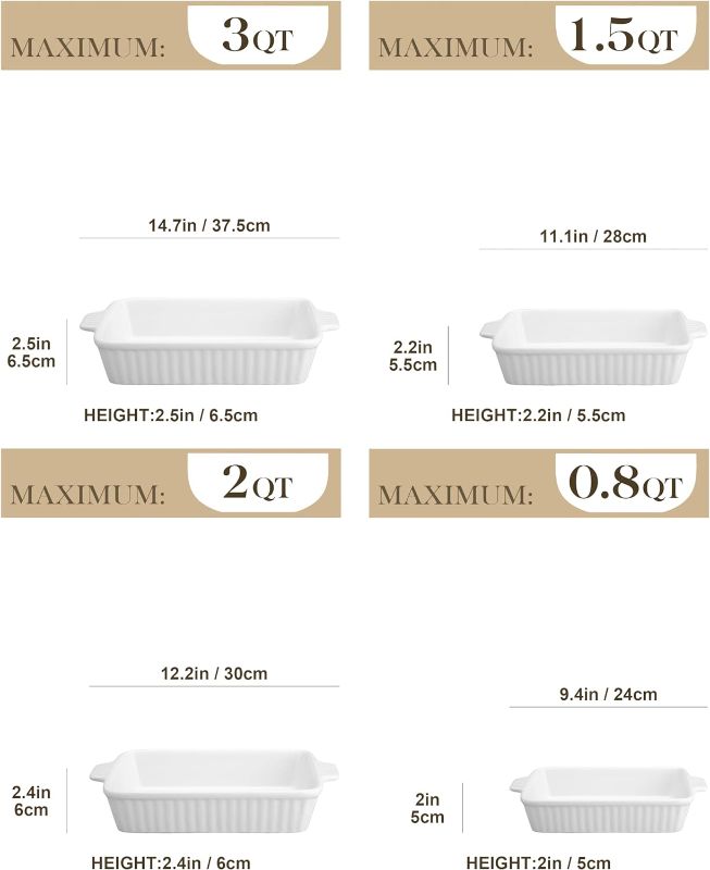 Photo 3 of (VISIBLY USED) MALACASA Casserole Dishes for Oven, Porcelain Baking Dishes, Ceramic Bakeware Sets of 4, Rectangular Lasagna Pans Deep with Handles for Baking Cake Kitchen, White (9.4"/11.1"/12.2"/14.7"), Series
