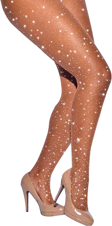 Photo 1 of CHRLEISURE Women's Sparkle Rhinestone Fishnets, Sexy Sparkly Glitter Party Concert Outfit Fishnet Stockings