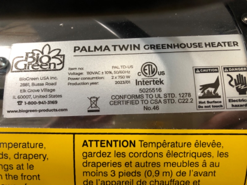 Photo 3 of *READ NOTES* Bio Green PAL 2.0/USDT Palma Greenhouse Heater incl. Digital Thermostat