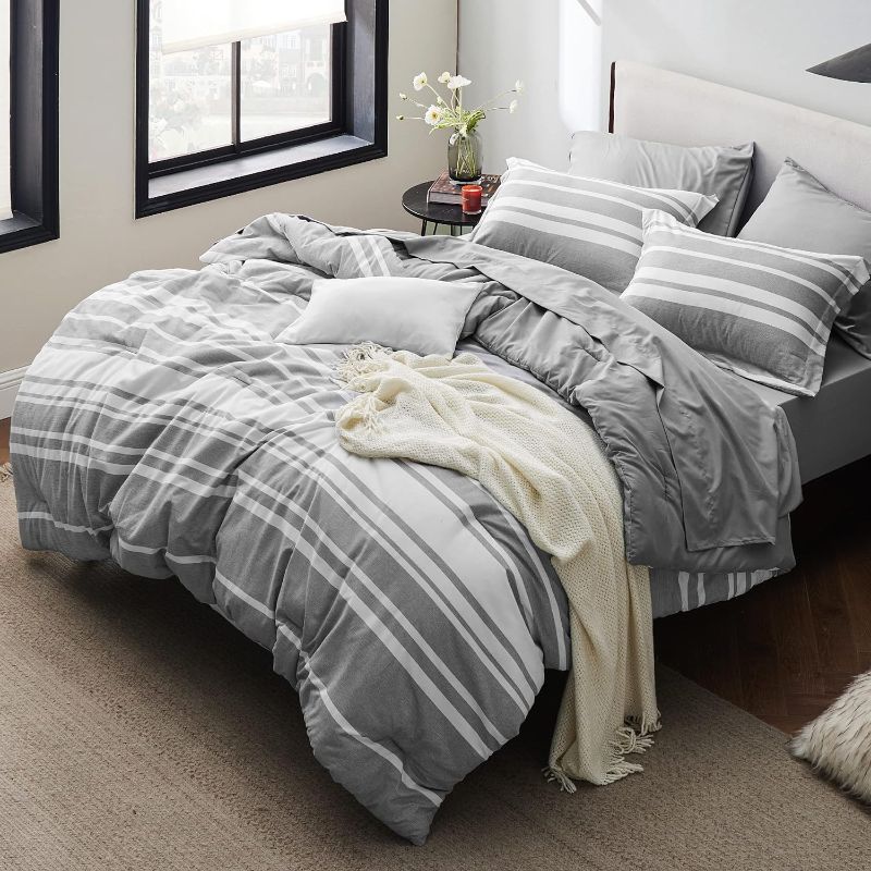 Photo 1 of  BEDSURE COLLECTIONS BED IN A BAG CATIONIC DYEING CONTRAST G2 90X90 Bedsure Queen Comforter Set 7 Pieces, Grey White Striped Comforter for Queen Size Bed Reversible, Cationic Dyeing Bed in a Bag with Comforter,