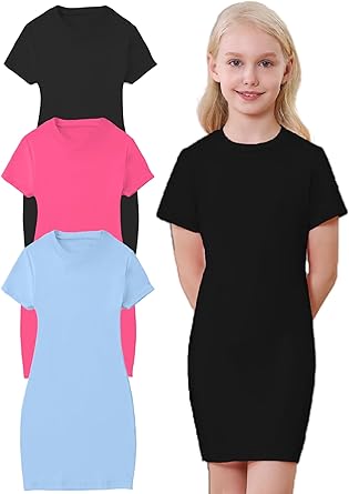 Photo 1 of Mebius 3 Pack Girls Basic Short Sleeve Bodycon Dress T Shirt Casual Crewneck Tee Shirt Solid Color Dresses 12 YR 