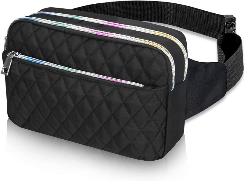 Photo 1 of Women's Stylish Nylon Quilted Fanny Pack with Colorful Zippers - Adjustable Waist Strap, Multiple Pockets, and Card Slots - Ideal for Travel, Outdoor Activities, and Sports