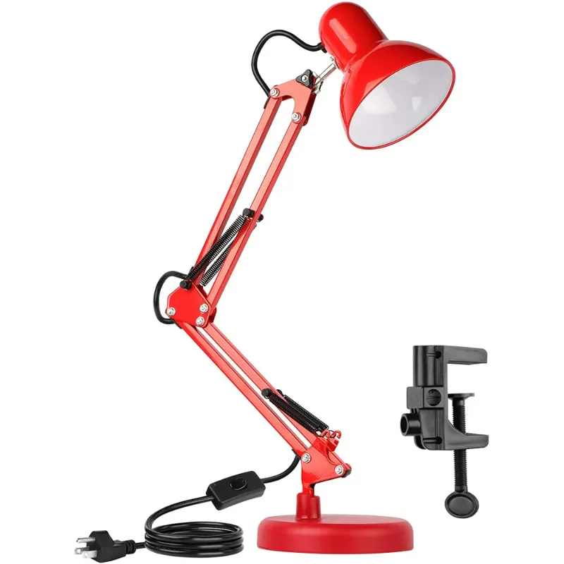 Photo 1 of **UNABLE TO TEST, SHADE IS DENTED AROUND EDGES**
Metal Desk Lamp, Adjustable Goose Neck Swing Arm Table Lamp with Interchangeable Base Or Clamp; Eye-Caring Study Desk Lamps for Bedroom, Study, Office, Table (Red)
