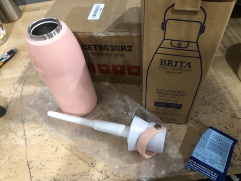 Photo 2 of **BOTTLE HAS A SMALL DENT**
Brita Insulated Filtered Water Bottle with Straw, Reusable, Stainless Steel Metal, Rose, 32 Ounce 32 oz Rose