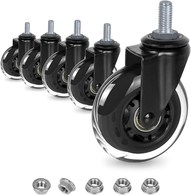 Photo 1 of 8T8 3 Inch Office Chair Caster Wheels Heavy Duty, Set of 5, 3/8"-16x1" (Not Metric M10), Threaded Stem Casters with Flange Nuts, Replacement PU Rubber Wheels, Safe for Hardwood Tile FlooR