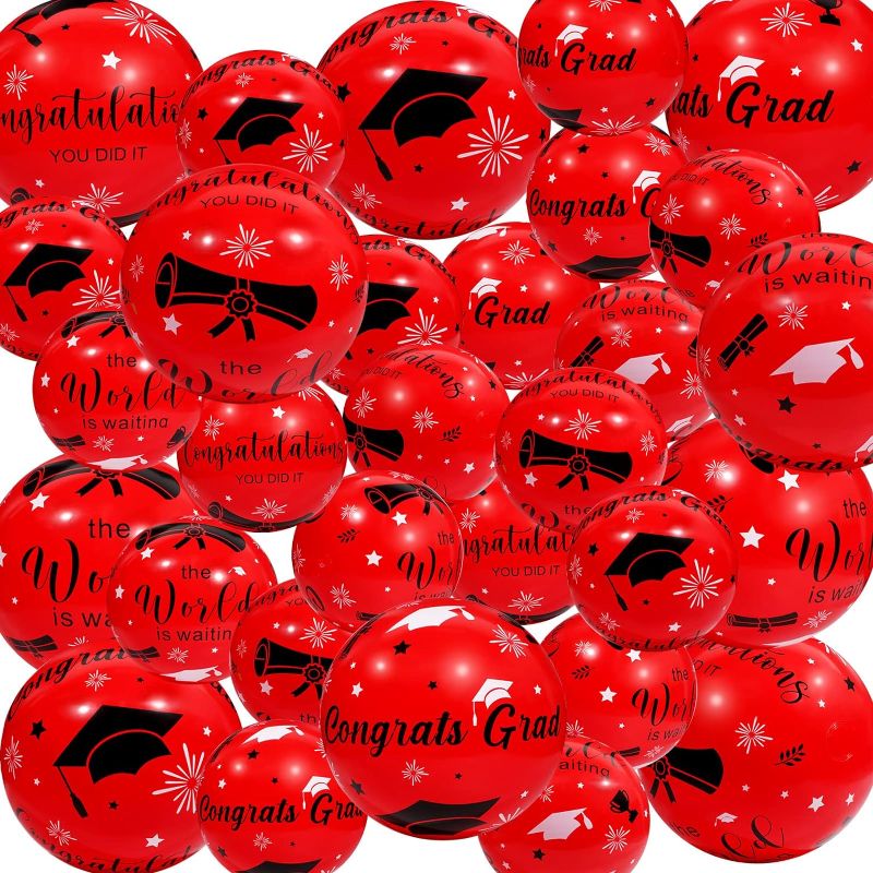 Photo 1 of **REUSABLE YEAR NOT PRINTED**
Hiboom 30 Pcs Graduation Inflatable Beach Ball 20 Pcs 4-5 Inch 10 Pcs 8-12 Inch for Graduation Decor Congrats Grad Sign for College High School Student Graduation Decoration Party Favors (Red, Black)
