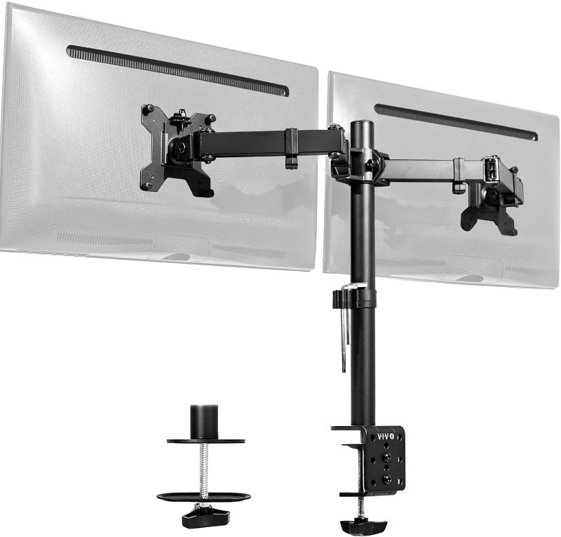 Photo 1 of **HARDWARE MISSING**
VIVO Dual Monitor Desk Mount, Heavy Duty Fully Adjustable Steel Stand, Holds 2 Computer Screens up to 30 inches and Max 22lbs Each, Black, STAND-V002
