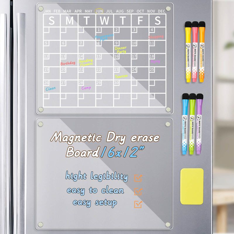 Photo 1 of Magnetic Acrylic Calendar for Fridge, 2 Set Acrylic Magnetic Monthly and Weekly Calendar for Fridge 16”x12"Monthly Dry Erase Board Include 6 Colors Markers, 1 Magnetic Eraser White1