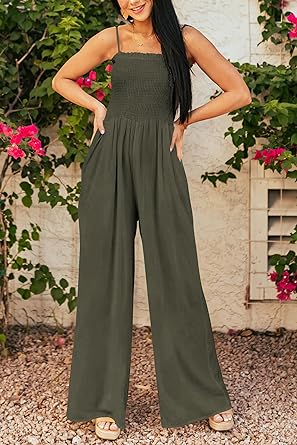 Photo 1 of PRETTYGARDEN Women's Summer Jumpsuits Dressy Casual One Piece Outfits Linen Smocked Spaghetti Strap Pockets Wide Leg Rompers
 MEDIUM