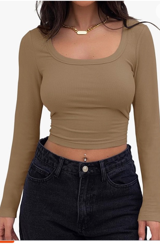 Photo 1 of large  Women's Long Sleeve Square Neck Crop Top Ribbed Slim Fitted Y2K Casual T-Shirt Tops