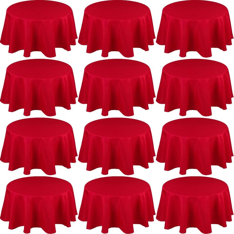 Photo 1 of 12 Pack 48 Inch Round Tablecloths Fitted 20-28 Inch Round Tables Bulk Polyester Fabric Washable Round Table Cover Wrinkle Free Circle Table Cloths for Wedding Reception Party Restaurant red