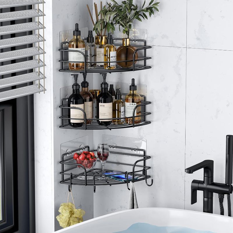 Photo 1 of 3 Pack Corner Shower Caddy: Stainless Steel No-drilling Bathroom Organizer for All 90° Corners- Installed in Minutes, Heavy Duty Shower Shelves for Storage- 6 Metal Hooks with Caps, 2 Extra Adhesives
