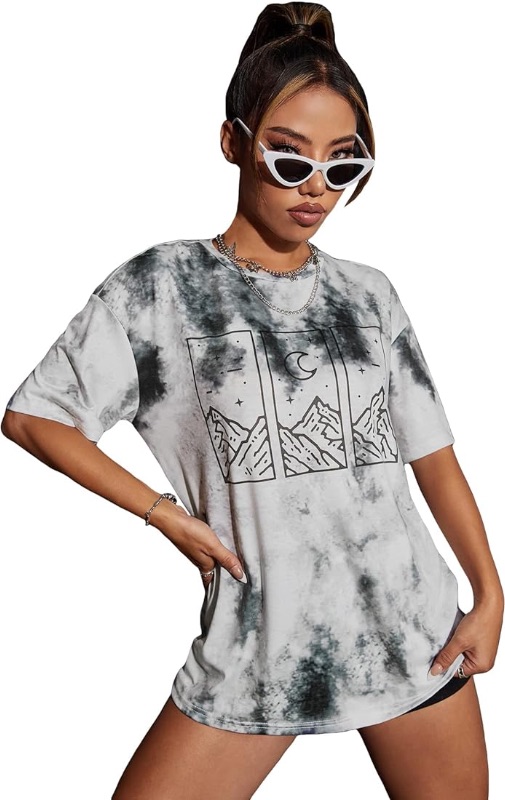 Photo 1 of Cozyease Women's Graphic Print Tie Dye Round Neck Half Sleeve Oversized T Shirt Drop Shoulder Tees Top