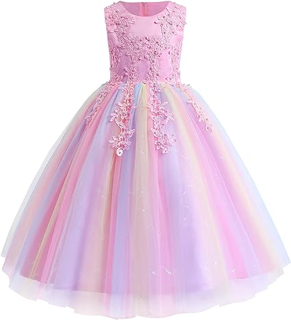 Photo 1 of Melaura Flower Girls Rainbow Puff Sleeve Dress Wedding Pageant Party Ball Gown (140, Pink)