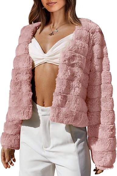 Photo 1 of BTFBM Women's Faux Fur Cropped Jacket 2023 Fall Winter Fashion Soft Long Sleeve Open Front Fluffy Short Coat Outerwear
