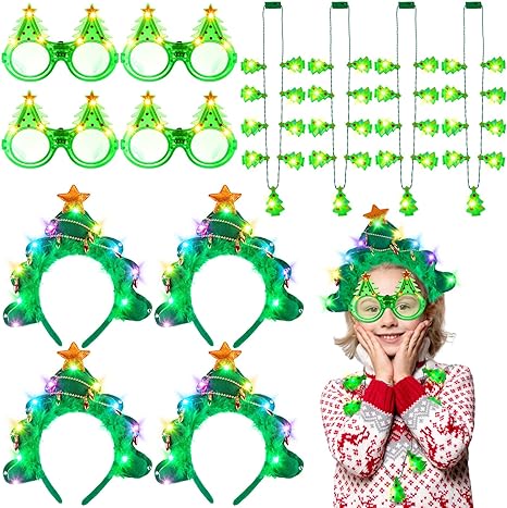 Photo 1 of 12 Pcs Christmas light up Necklace Headbands Glasses Accessories Set 4 Light up Christmas Tree Headbands 4 Light Up Necklaces and 4 LED Glow Glasses for Kids Women Holiday Christmas Party Supplies
