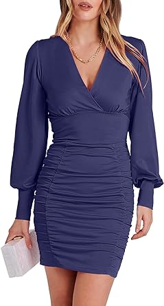 Photo 1 of **XLARGE**
ANRABESS Women's Deep V Neck Long Sleeve Short Cocktail Dress Sexy Ruched Bodycon Mini Party Club Night Dresses
