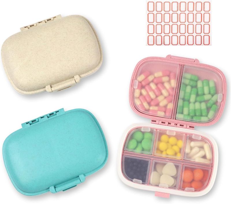 Photo 1 of 3 Pack Pill Organizer Travel - Daily Pill Box Organizer, 8 Compartments Portable Pill Case, Pocket Pharmacy with Labels, Moisture Proof Medicine Organizer, Pill Container to Hold Vitamin, Fish Oil
