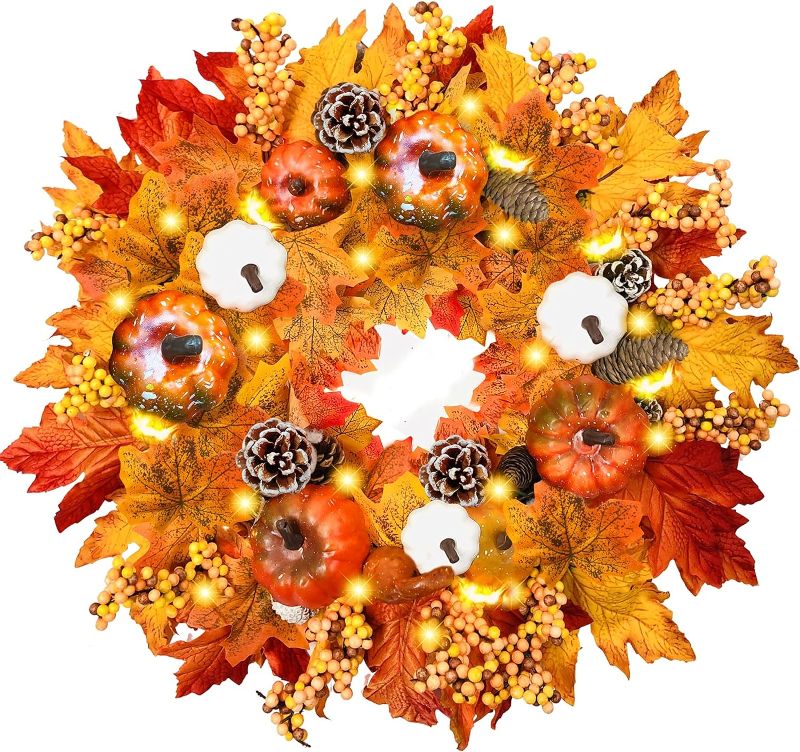 Photo 1 of [ Timer ] 20" Prelit Fall Wreath Thanksgivings Decor for Front Door with 20 Warm Light Pumpkin Maples Leaf Pine Cone Berry Battery Operated Fall Autumns Harvest Home Indoor Outdoor