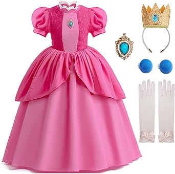 Photo 1 of Xefenki Princess Peach Cosplay Costume for Girls Kids,Princess Peach Dress With Accessories Crown and Earrings 3T-4T